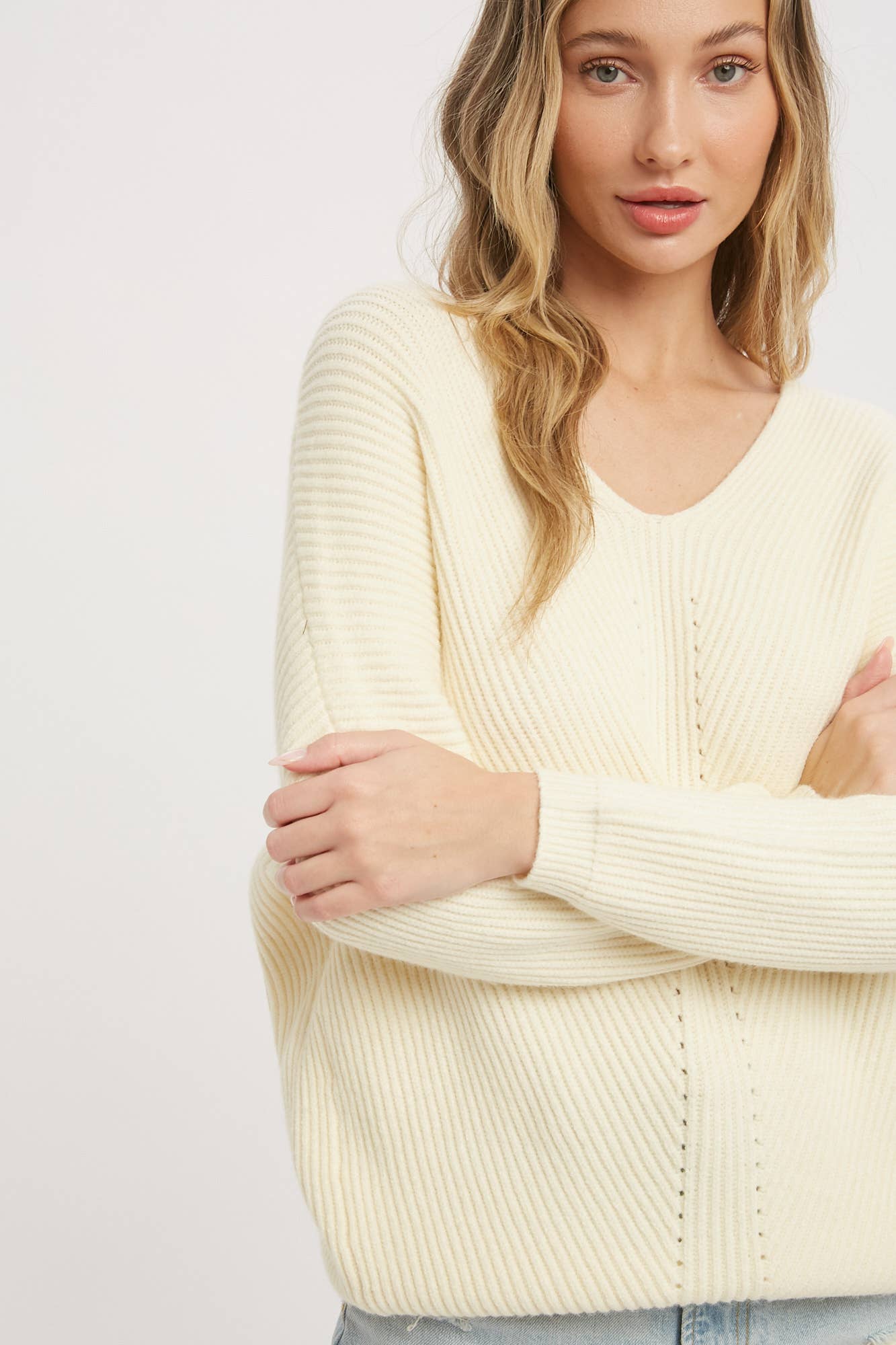 CREAM V-NECK POINTELLE RIBBED SWEATER