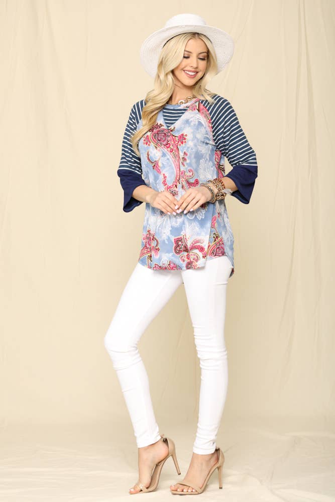 Blue 3/4 Sleeve Paisley Print Top