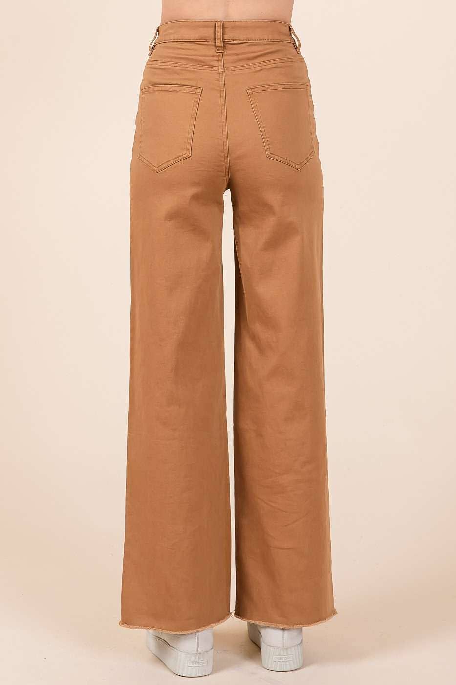 TWILL CAMEL HIGH WAISTED BUTTON FLY WIDE LEG PANTS
