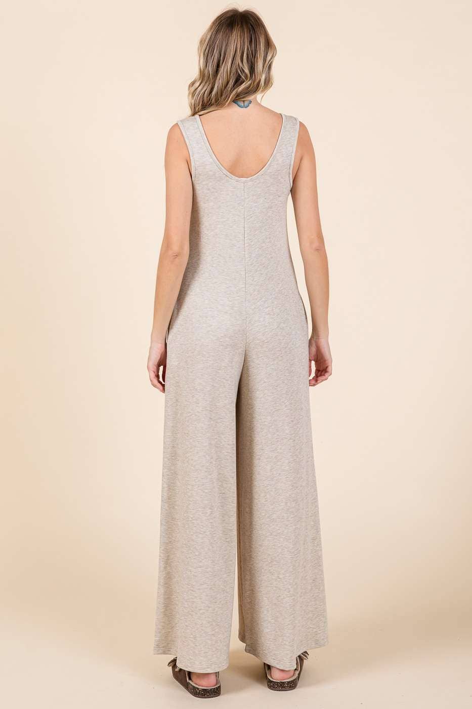 OATMEAL SCOOP NECK WIDE LEG JUMPSUIT