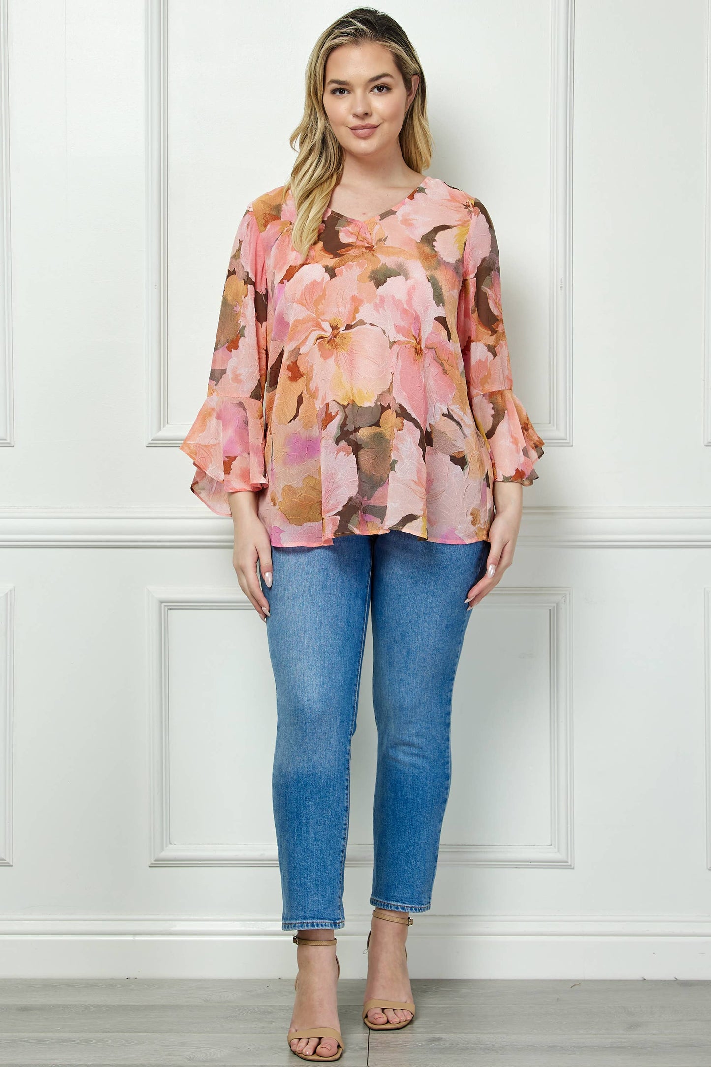PLUS AND REGULAR SIZE RUFFLE SLEEVE V-NECK SWING TOP: YELLOW/PINK/BROWN