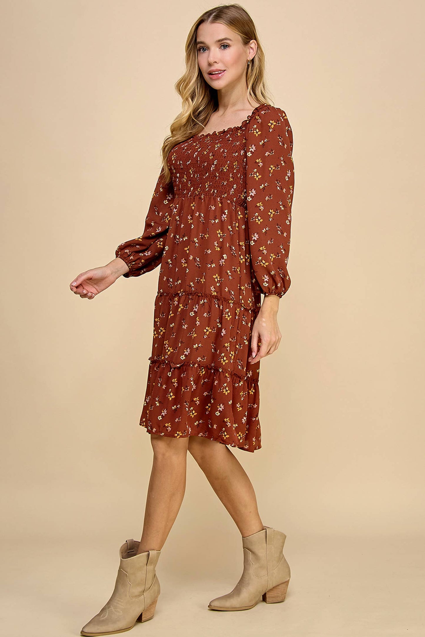 TIERED DRESS W/SMOCKING & LONG SLEEVE: RUST/GOLD/MAUVE