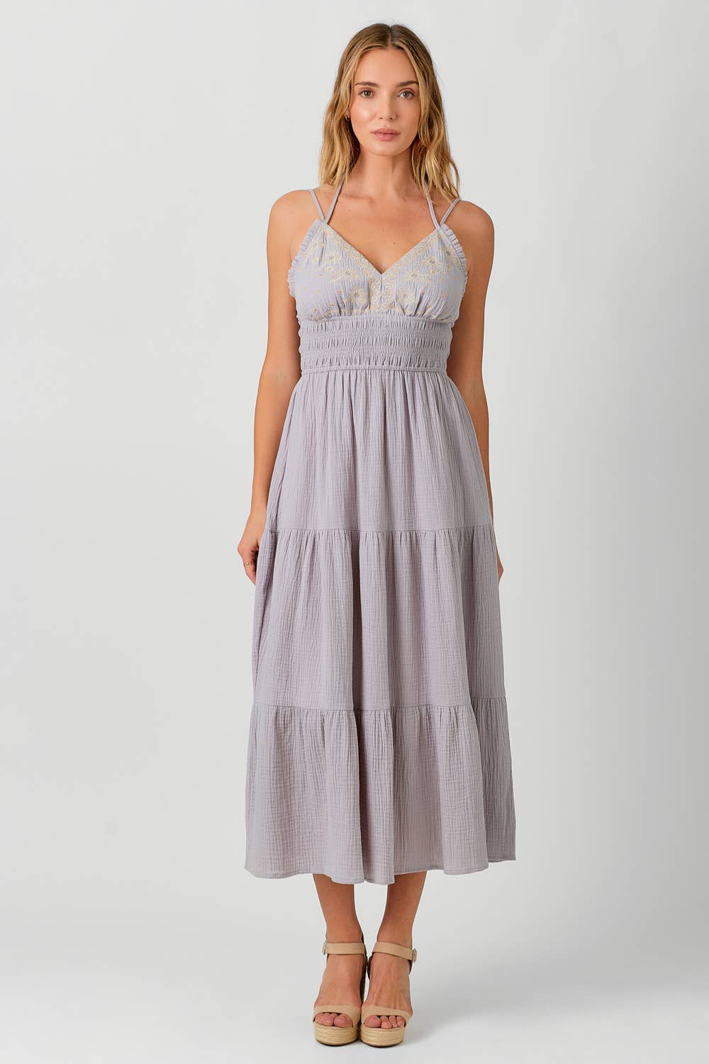 LAVENDER EMBROIDERED BODICE TIERED DRESS