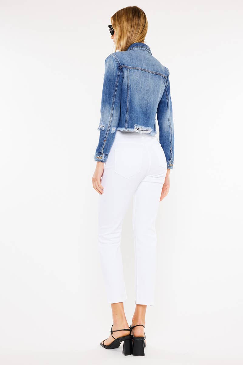 DESTRUCTED MEDIUM WASH CROP DENIM