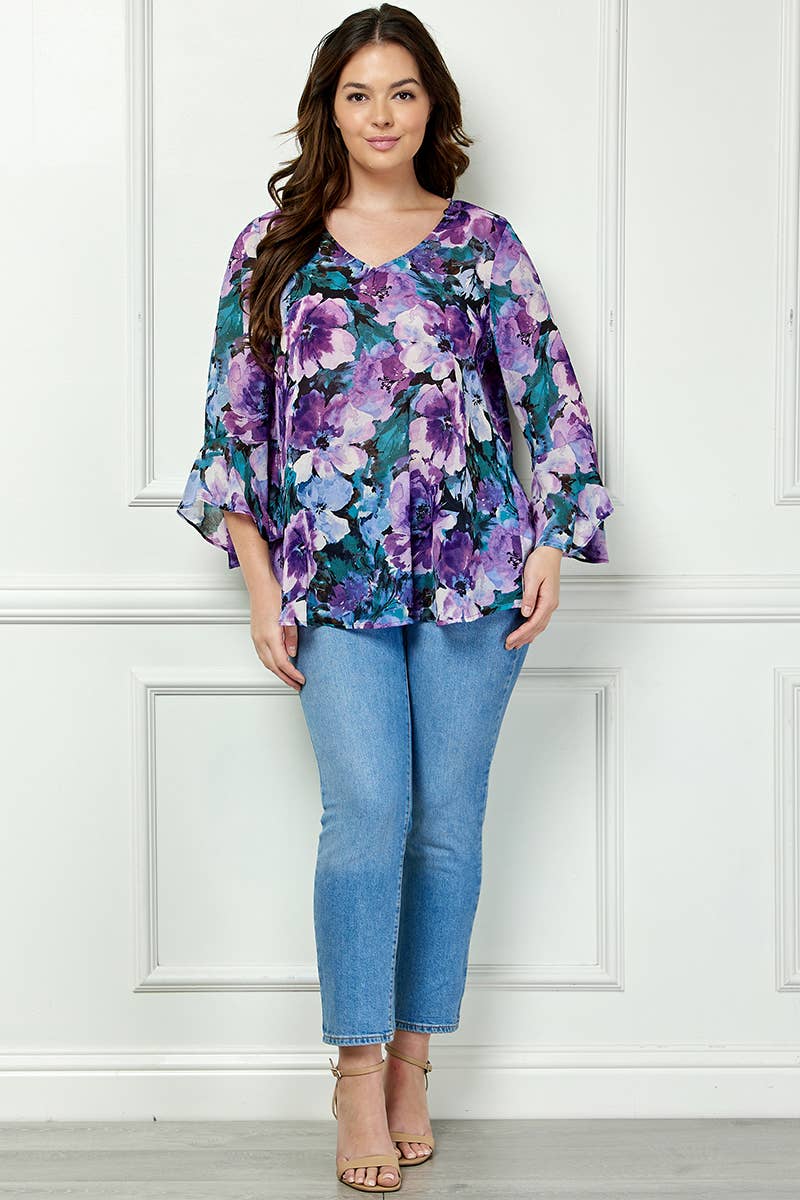 SIZE RUFFLE MISSY & PLUS V-NECK SWING BLOUSE: Navy/Purple/Teal