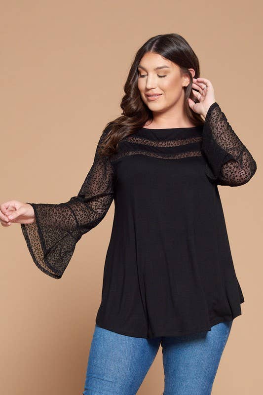 Plus Animal Mesh Bell Sleeves Top