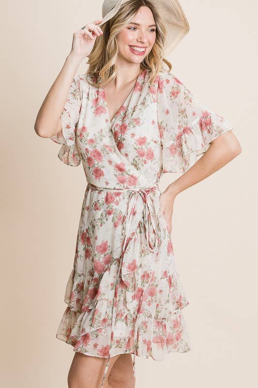 Pink Floral Wrap Chiffon Dress