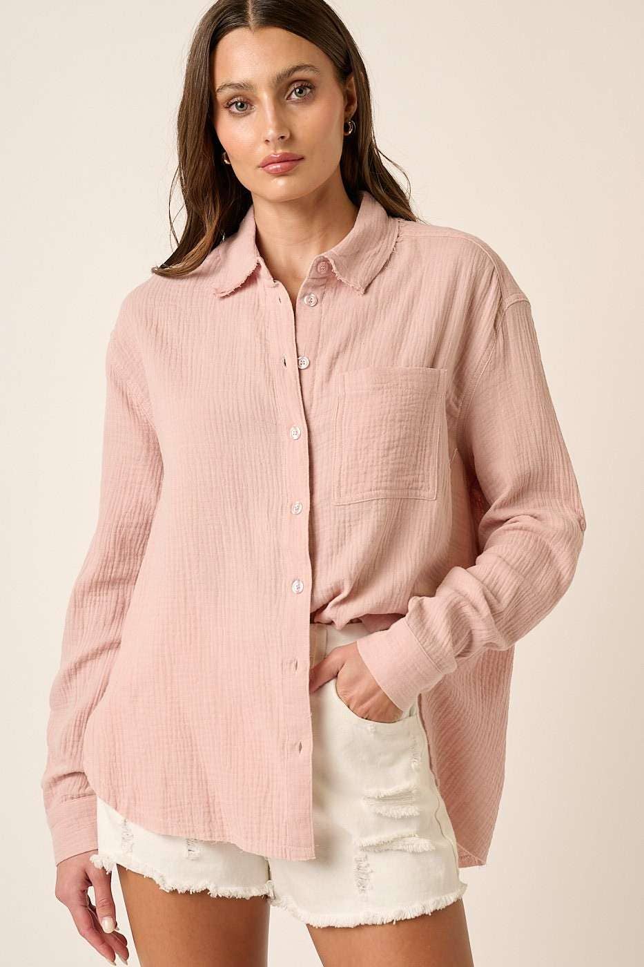 GAUZE COLLARED BUTTON DOWN LONG SLEEVE SHIRT: BLUSH
