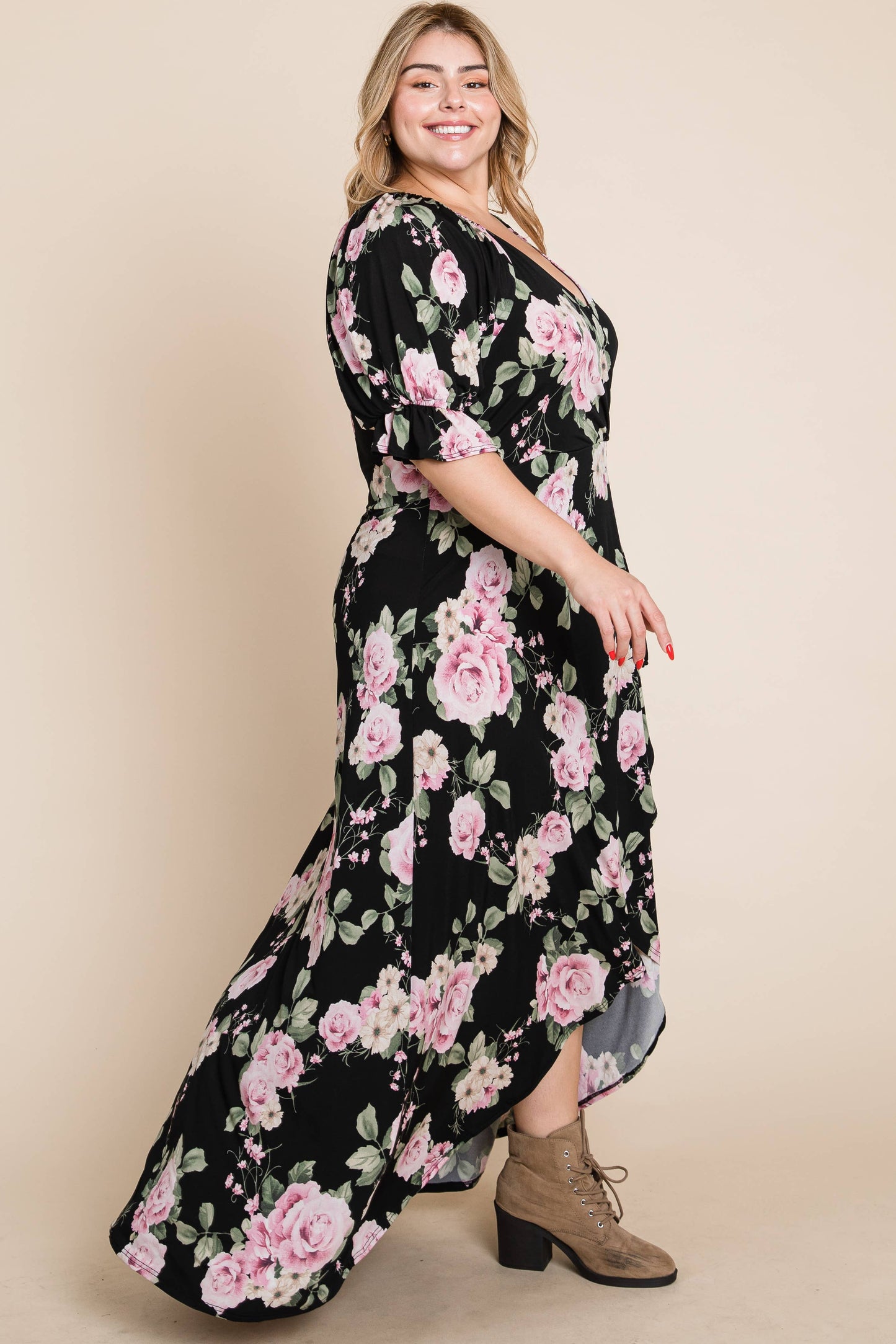 Plus Floral Faux Wrap High Low Maxi Dress