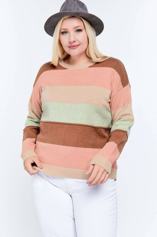PLUS COLOR BLOCK LONG SLEEVE ROUND NECK SWEATER
