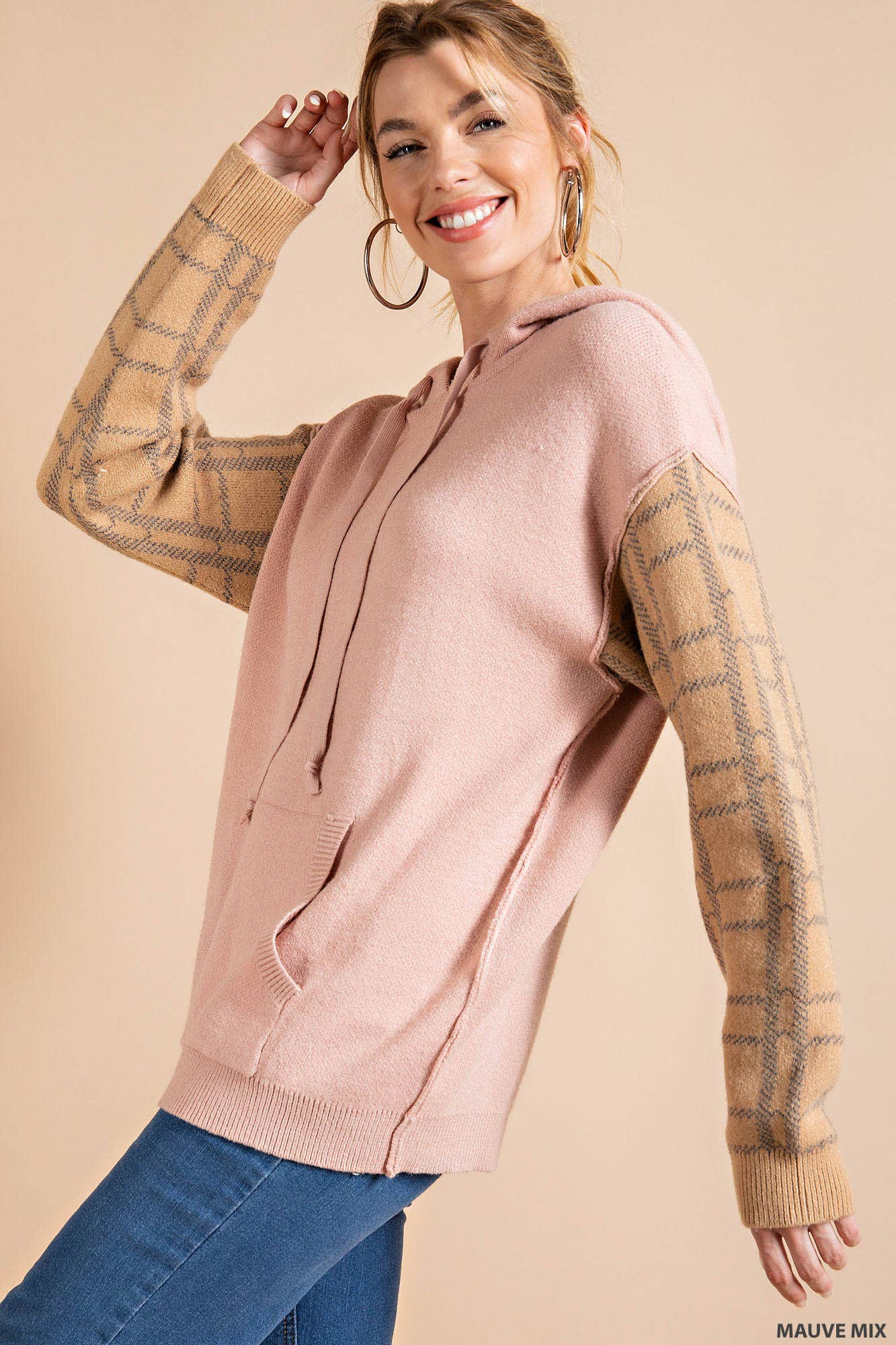 Sweater Hoodie with Plaid Contrast Mauve