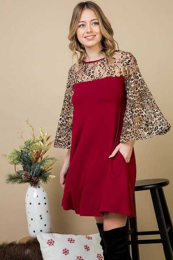 WINE A LINE DRESS WITH LEOPARD MESH SLEEVE