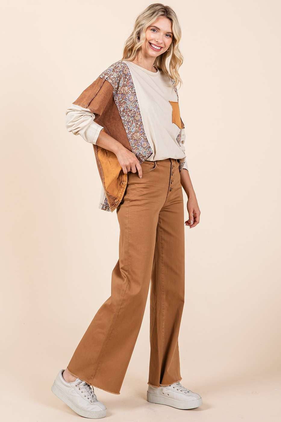 TWILL CAMEL HIGH WAISTED BUTTON FLY WIDE LEG PANTS