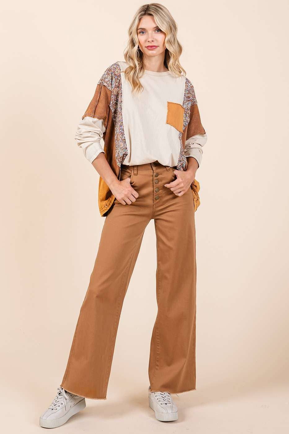TWILL CAMEL HIGH WAISTED BUTTON FLY WIDE LEG PANTS