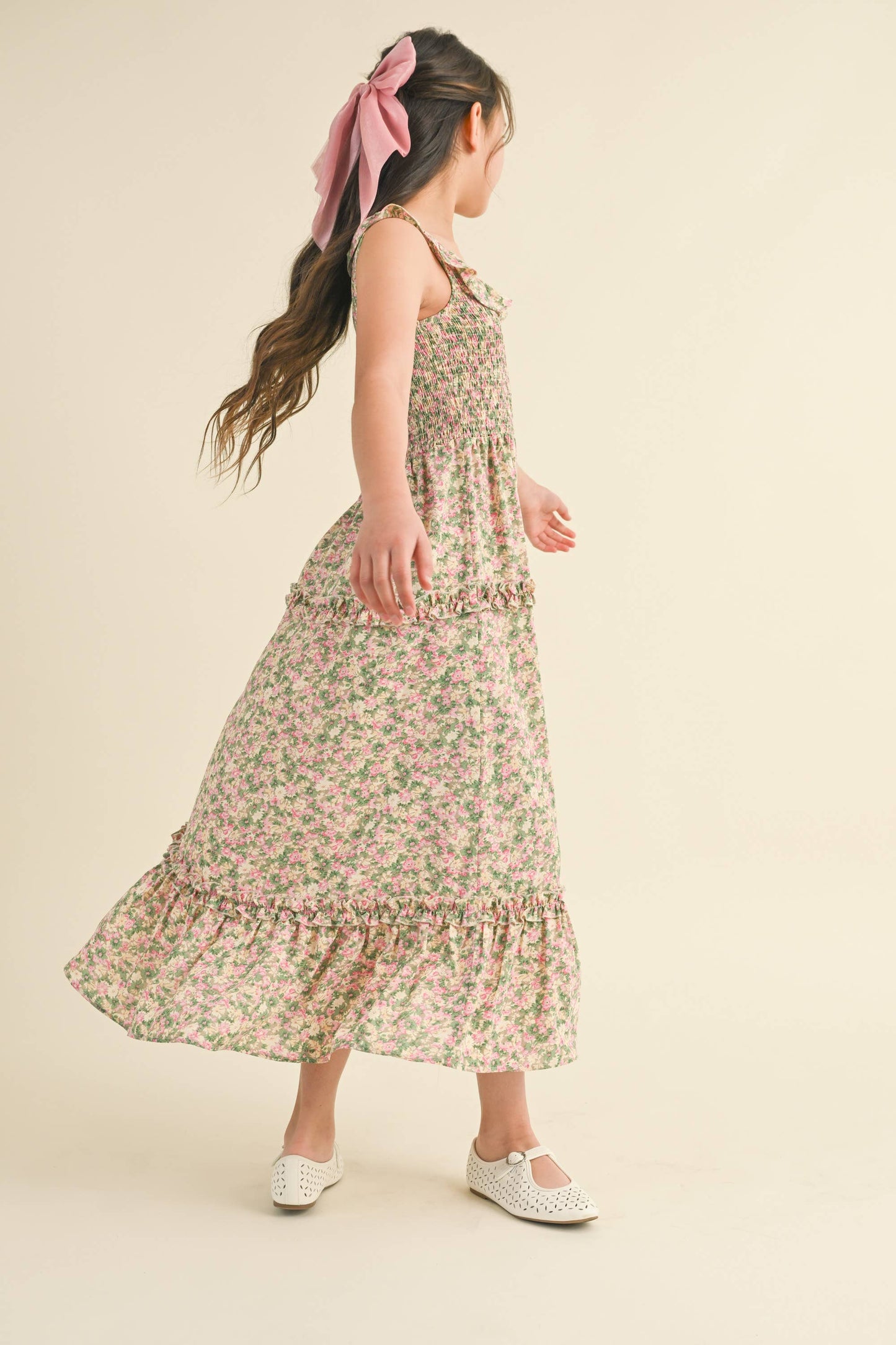 TWEEN FLORAL RUFFLE SMOCKED MAXI DRESS