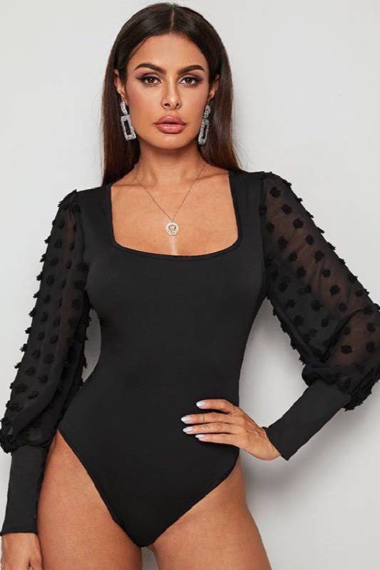 Swiss dot long sleeve bodysuit: Black