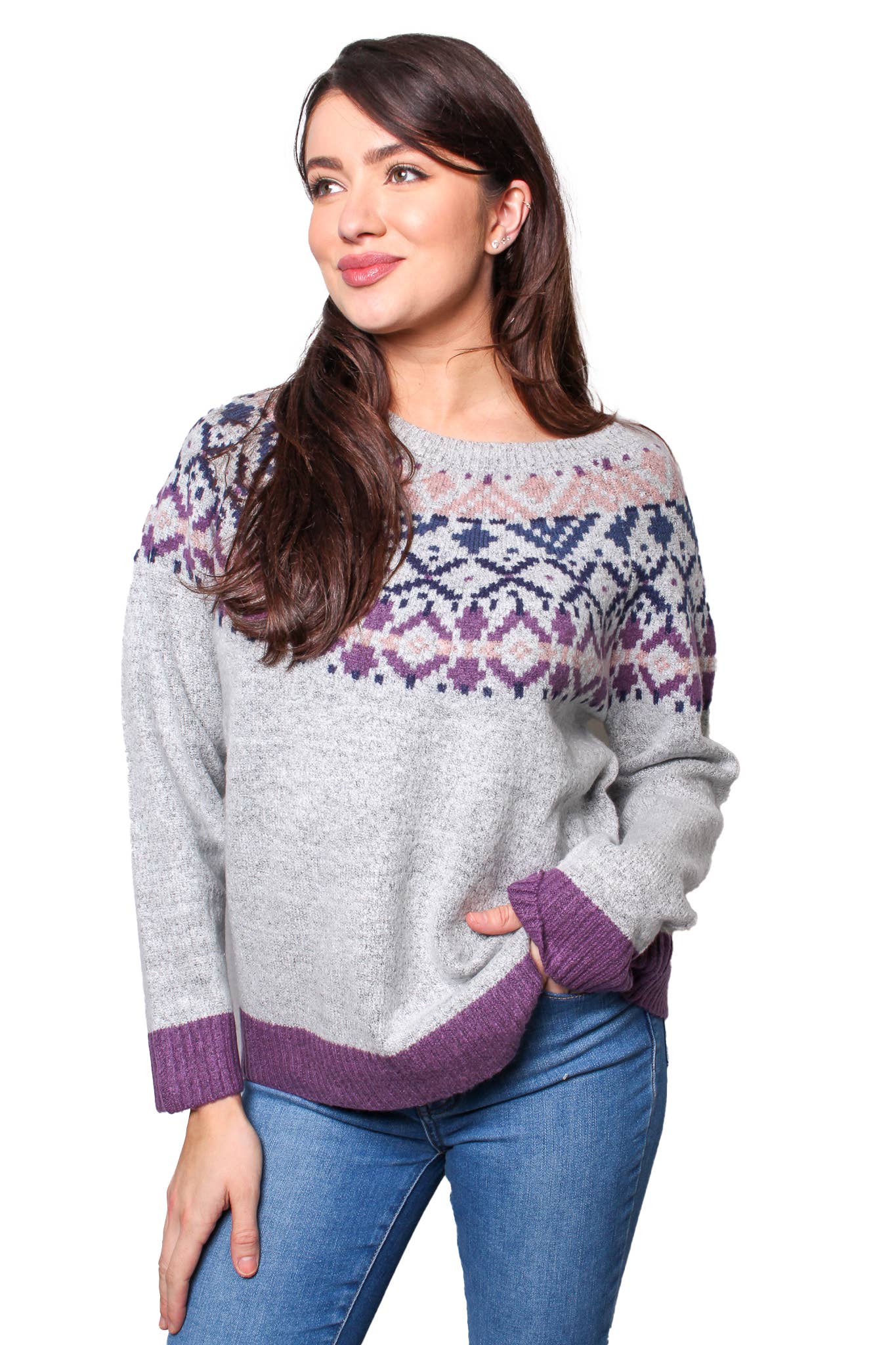 GRAY JACQUARD ROUND NECK SWEATER