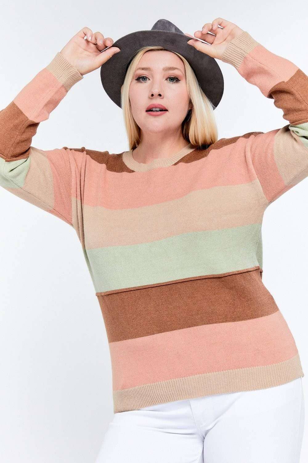 PLUS COLOR BLOCK LONG SLEEVE ROUND NECK SWEATER