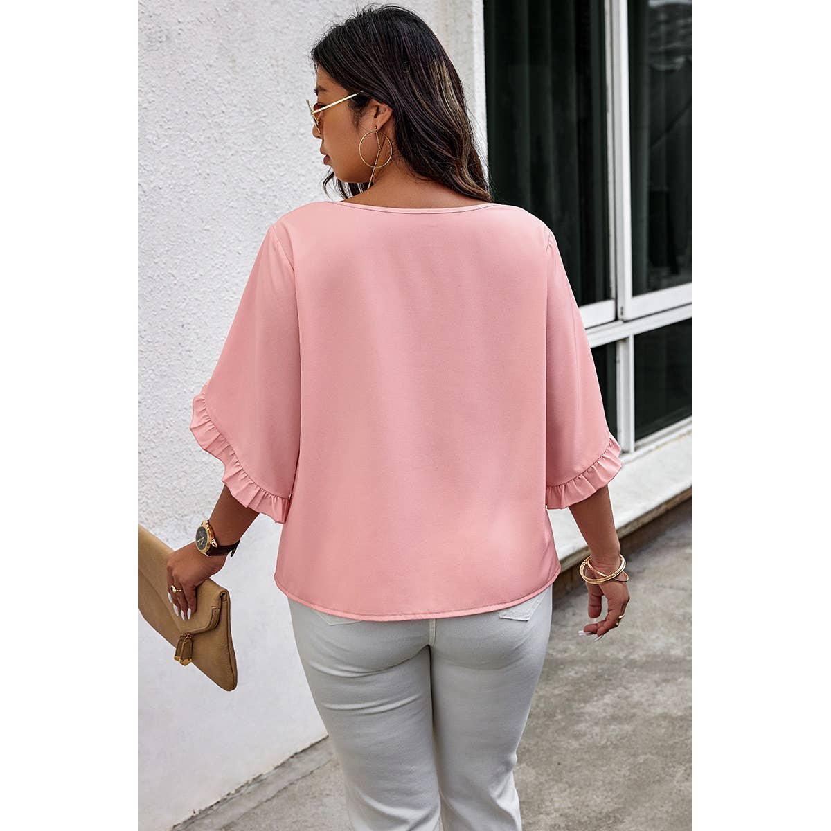 Solid Plus V Neck Ruffle Trim Petal Sleeve Blouse: PINK