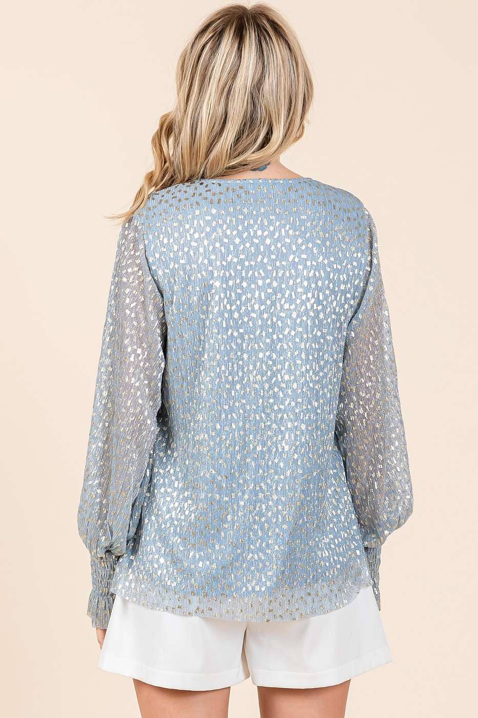 BLUE METALLIC GLITTER DOT PRINT PLEATED LONG SLEEVE TOP