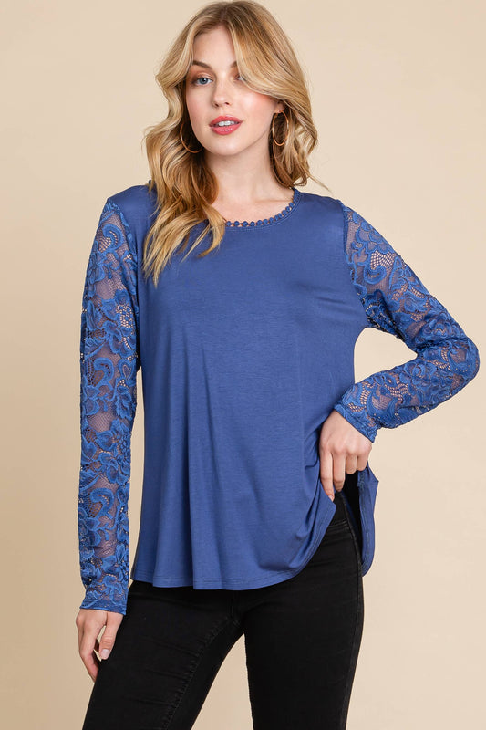 PLUS DENIM BLUE MESH LACE SLEEVE