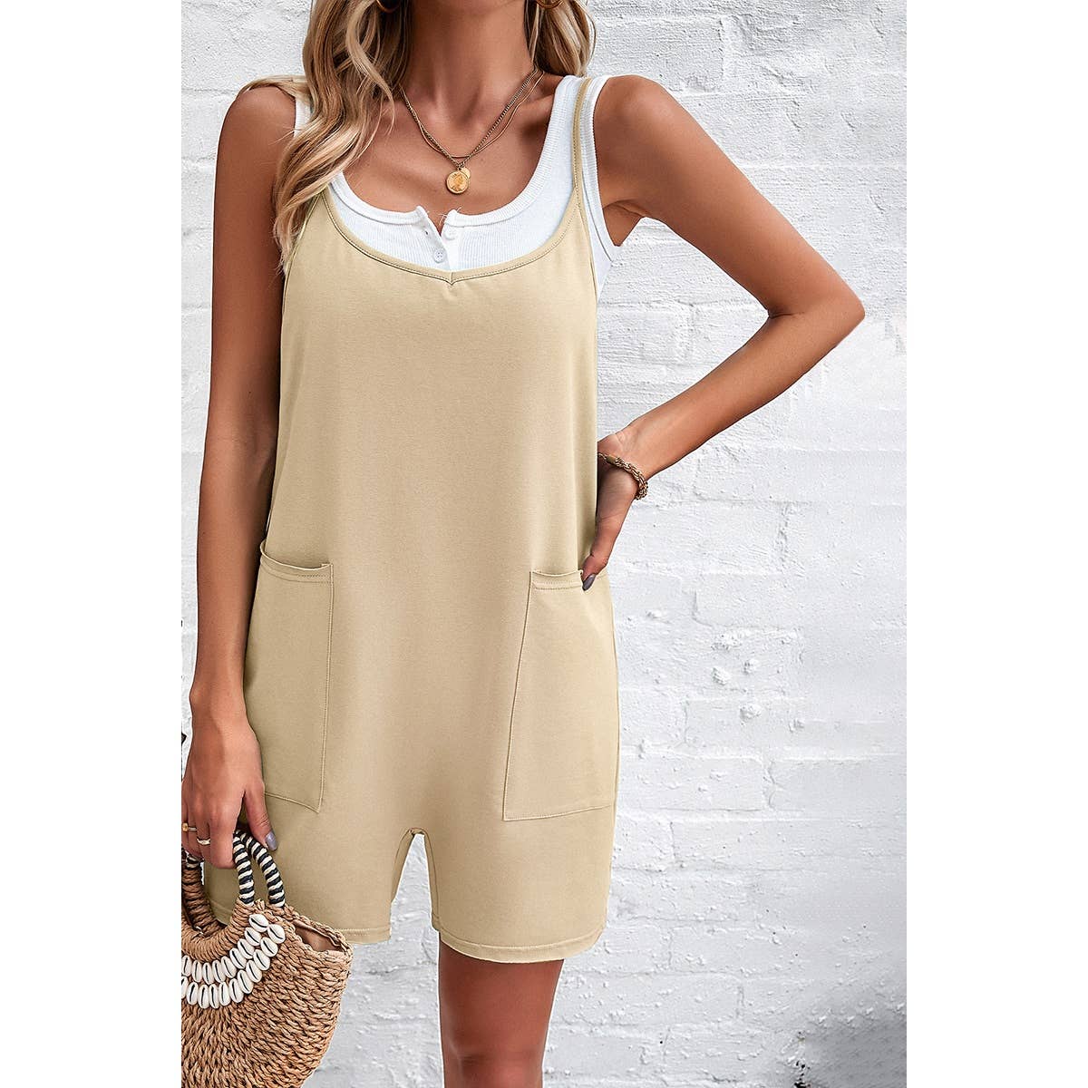 Sleeveless Low Neck Cross Back Pockets Romper