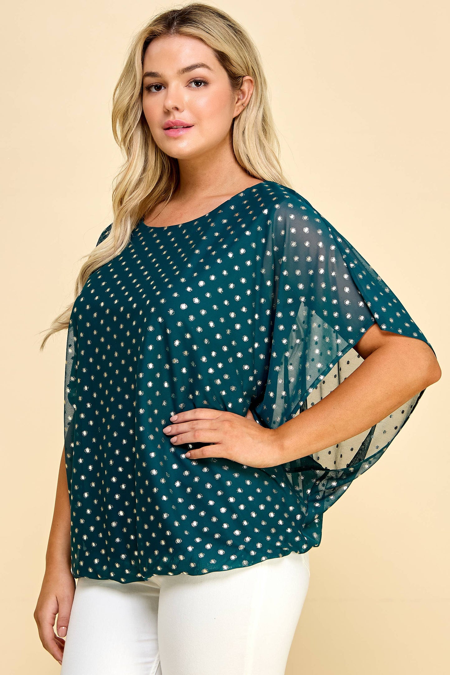 PLUS SIZE VAMPIRE LINED MESH DOT FOIL BLOUSE: HUNTER GOLD