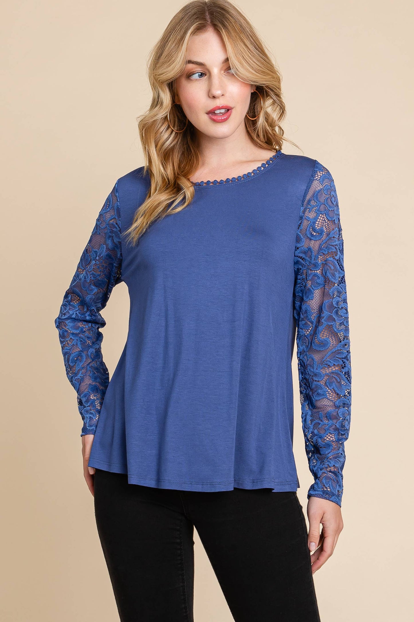 PLUS DENIM BLUE MESH LACE SLEEVE