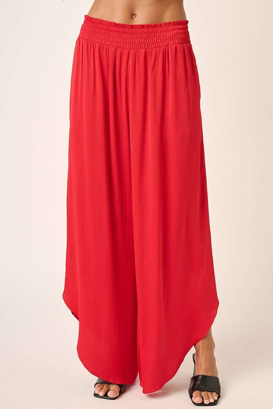 RED SATIN SMOCKED WAIST WIDE LEG PANT