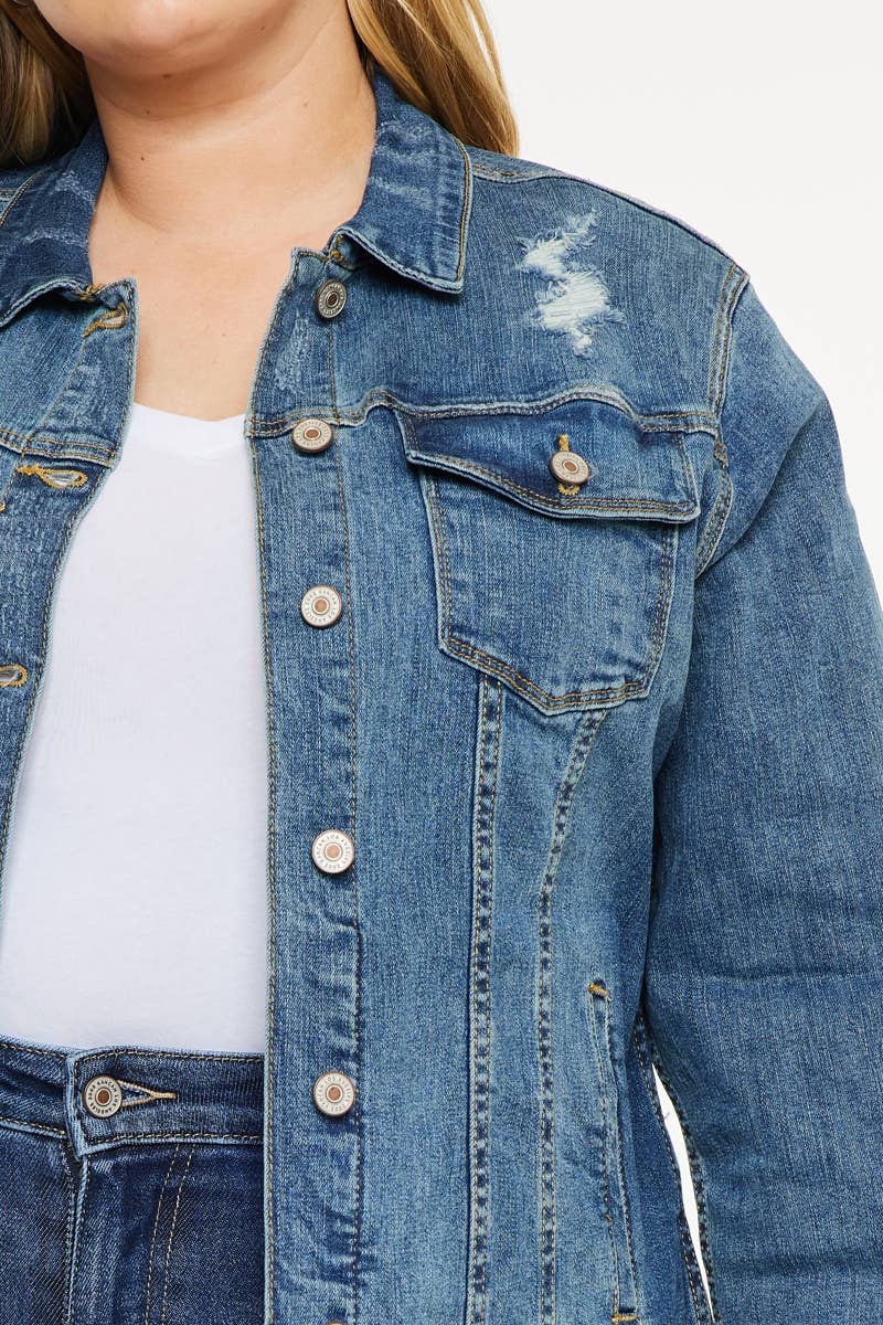 PLUS DARK RINSE DISTRESSED DENIM FRAY HEM JACKET