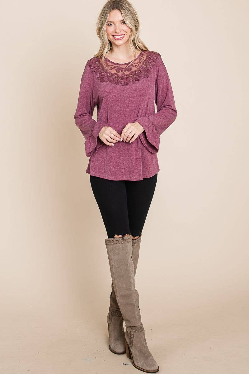 PLUS BURGANDY LACE TRIMMED LONG SLEEVE WITH RUFFLE