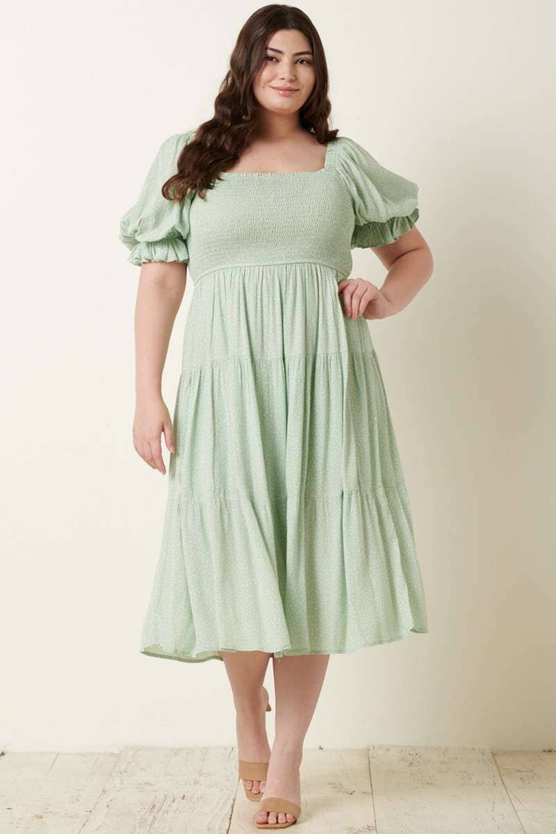 PLUS SAGE MINI DOT SMOCKED DRESS