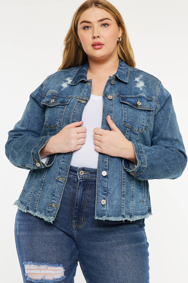 PLUS DARK RINSE DISTRESSED DENIM FRAY HEM JACKET