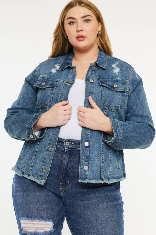 PLUS DARK RINSE DISTRESSED DENIM FRAY HEM JACKET