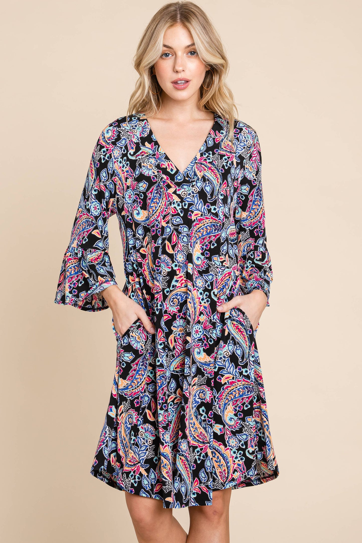 NAVY PAISLEY BELL SLEEVE DRESS