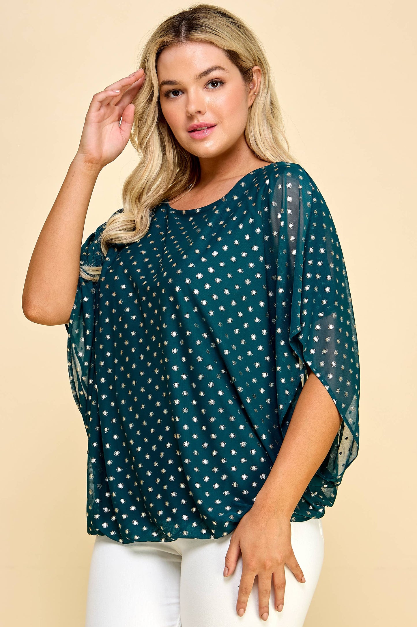 PLUS SIZE VAMPIRE LINED MESH DOT FOIL BLOUSE: HUNTER GOLD