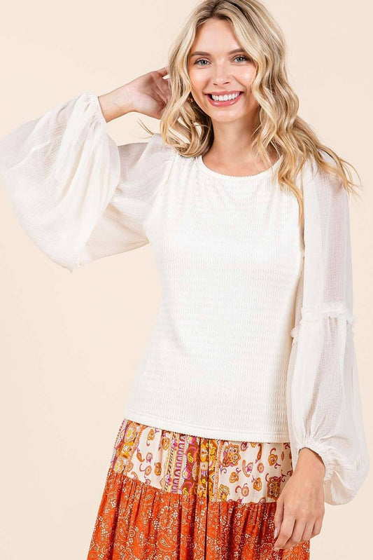 IVORY CHIFFON LONG SLEEVE BLOUSE