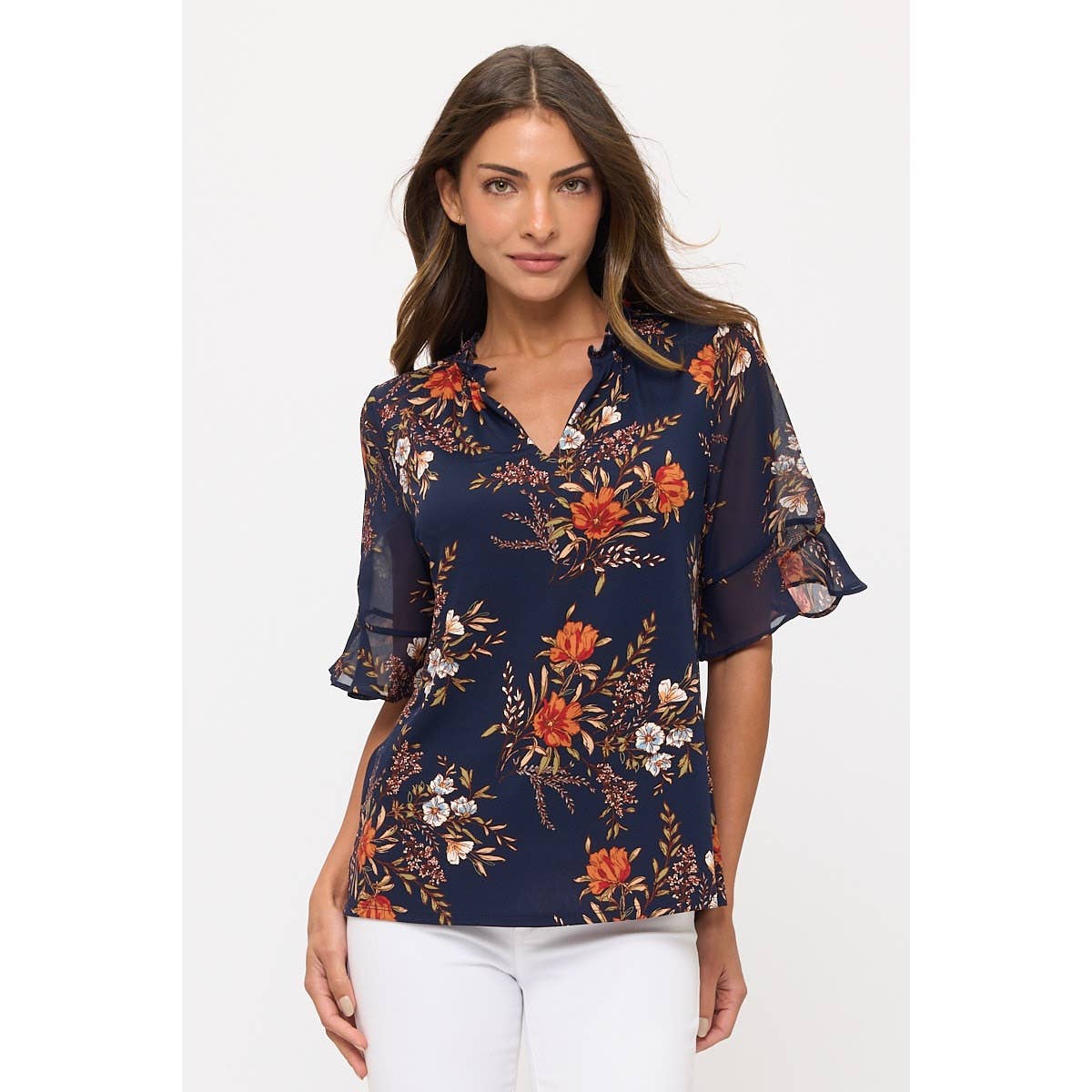 FLORAL MIX MEDIA V NECK RUFFLE DETAIL BLOUSE NAVY/RUST/OLIVE