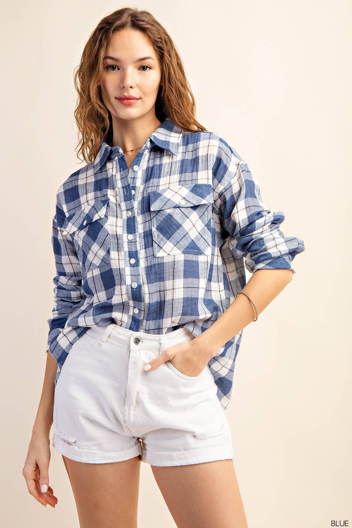 Blue Plaid Gauze Cotton Long Sleeve Button Down