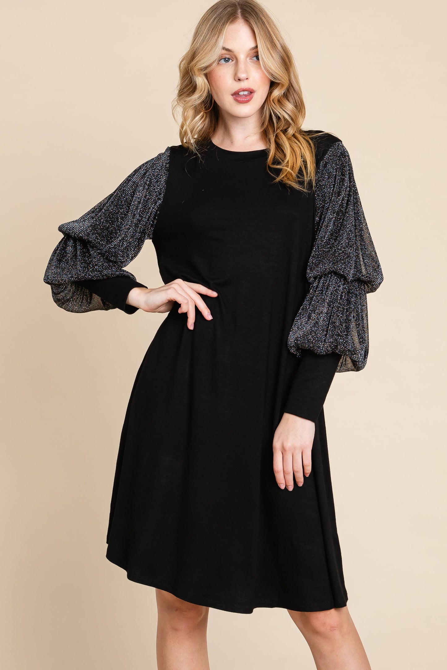 Plus Size Swing Dress With Metallic Long Sleeves