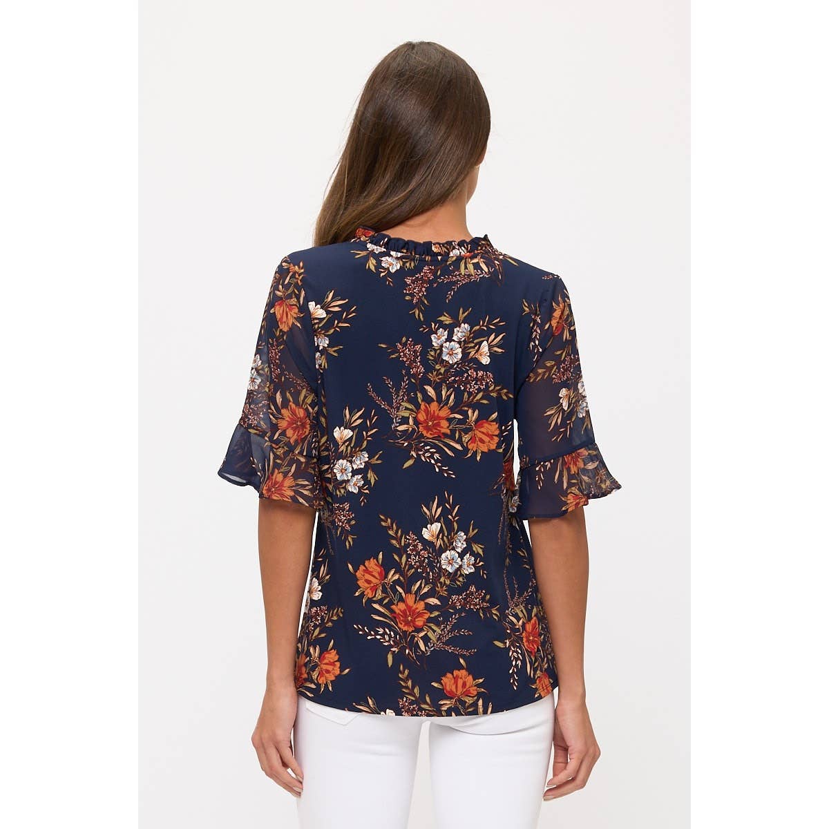 FLORAL MIX MEDIA V NECK RUFFLE DETAIL BLOUSE NAVY/RUST/OLIVE