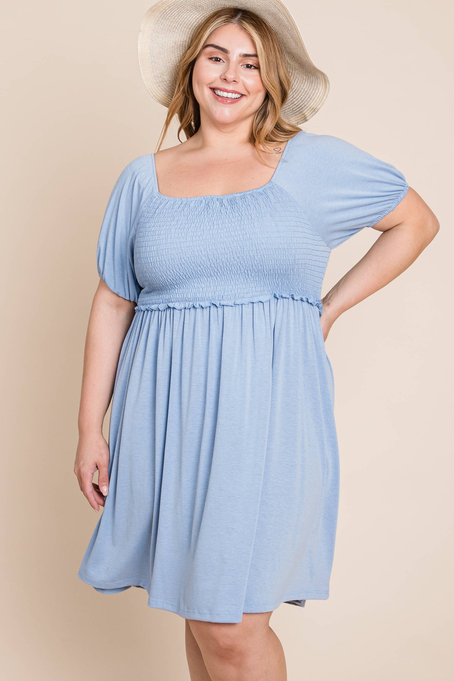 Plus Blue Smocked Babydoll Dress