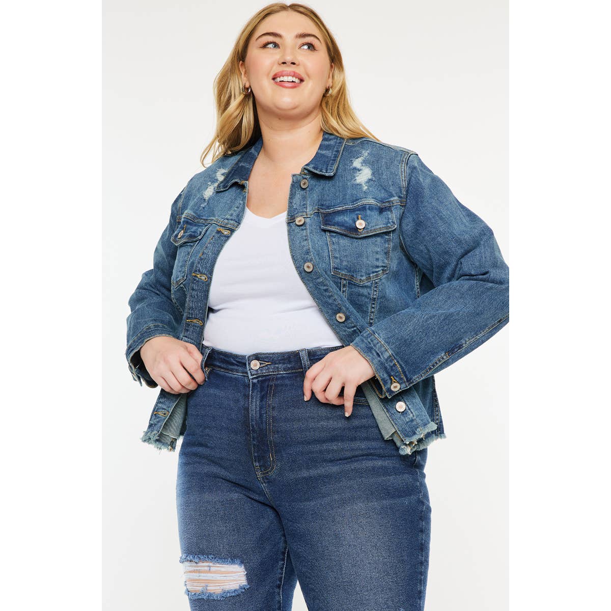 PLUS DISTRESSED DENIM JACKET