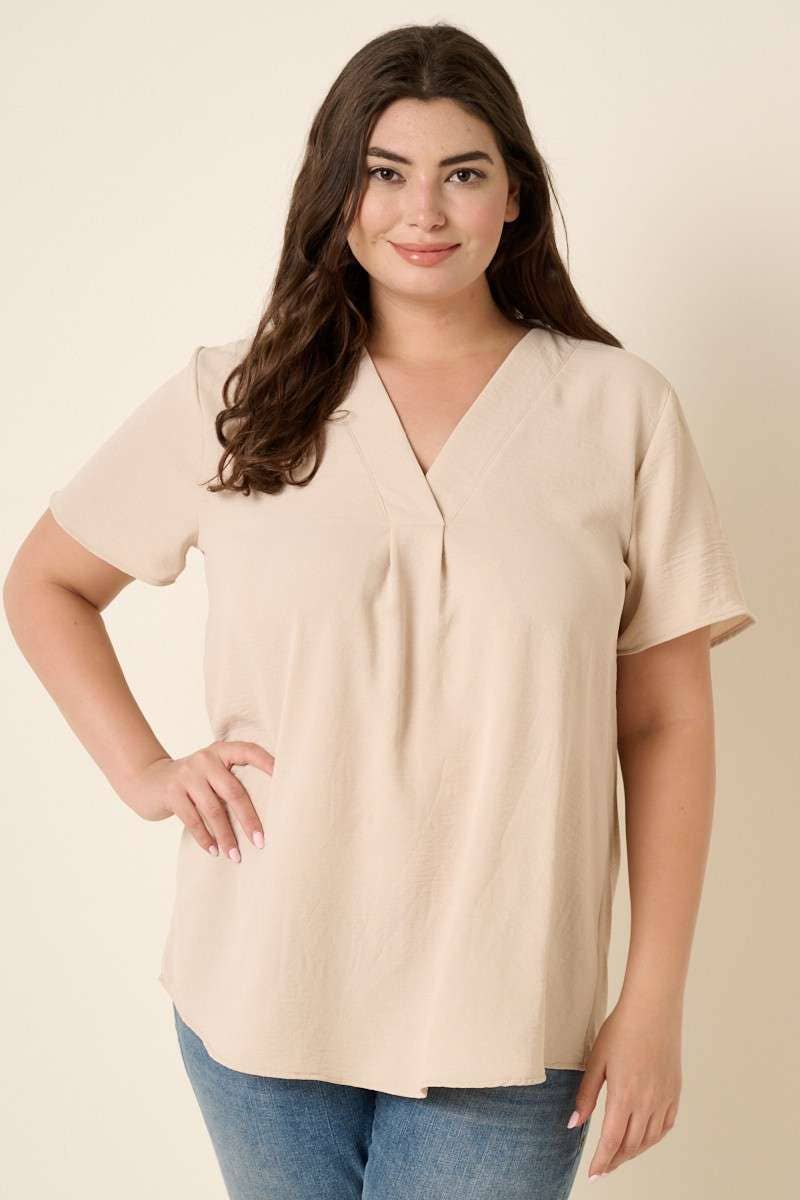 PLUS SAND V NECK SHORT SLEEVE BLOUSE