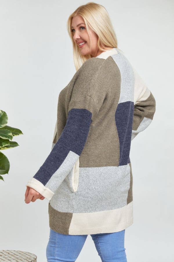 PLUS OLIVE COLORBLOCK ACCENT LONGLINE SWEATER CARDIGAN