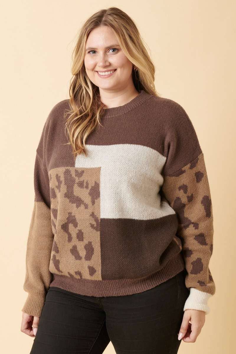PLUS ANIMAL PRINT COLOR BLOCK SWEATER MOCHA COMBO