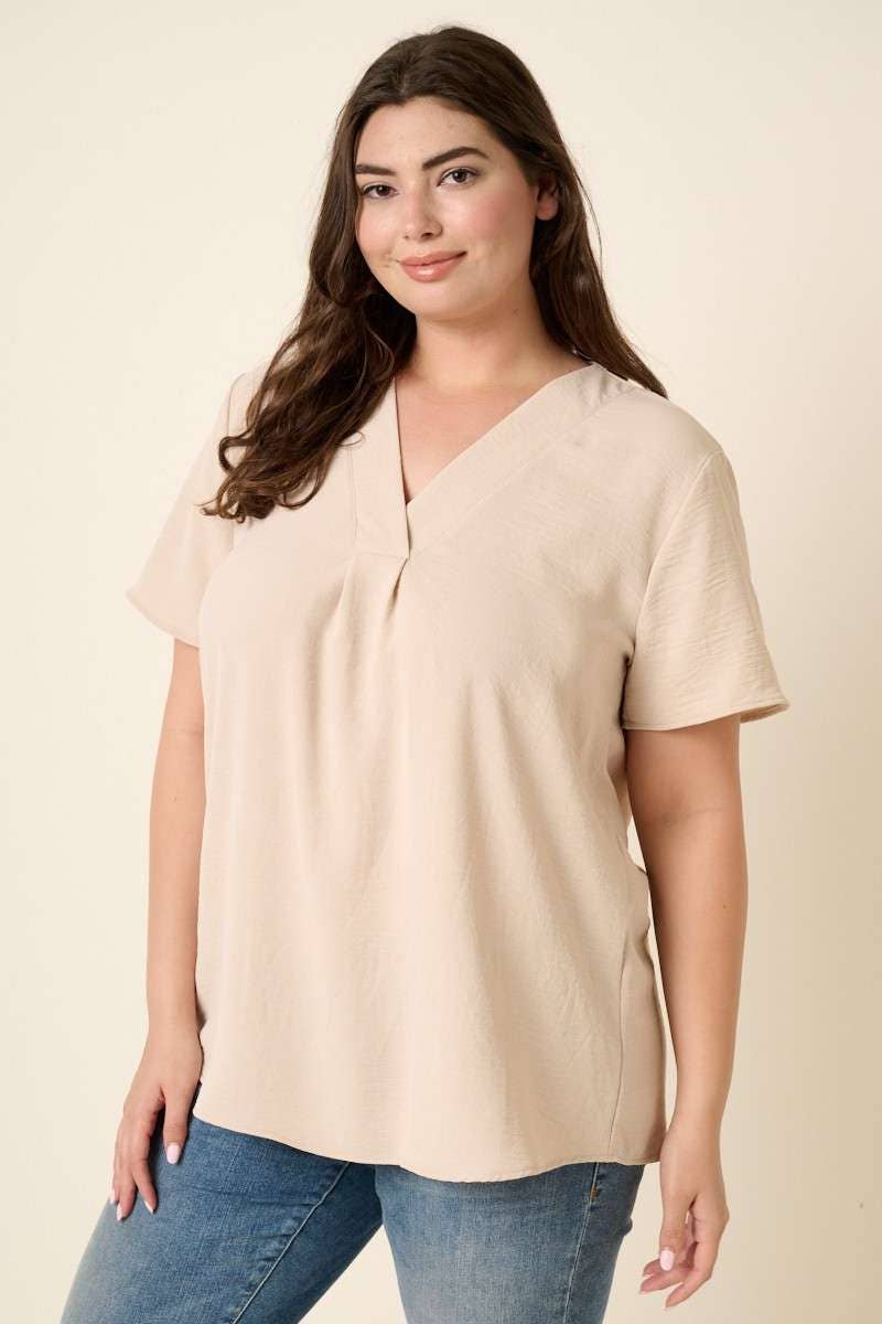 PLUS SAND V NECK SHORT SLEEVE BLOUSE