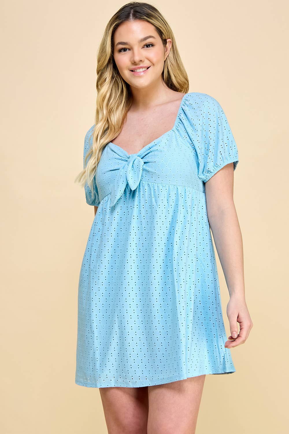 PLUS SKY BLUE CRINKLE KNIT EYELET DRESS