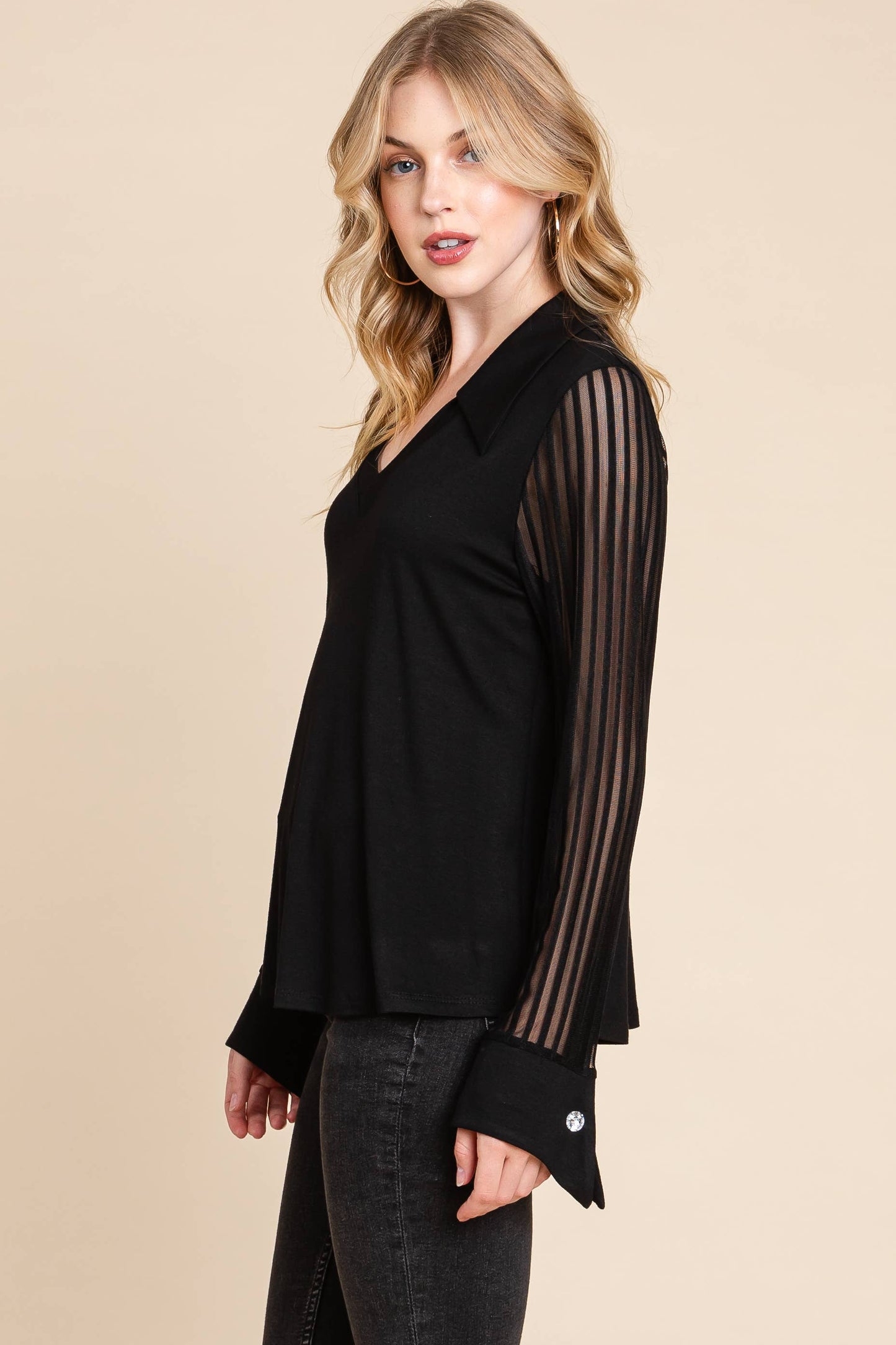 PLUS BLACK V-Neck Solid Fashion Top