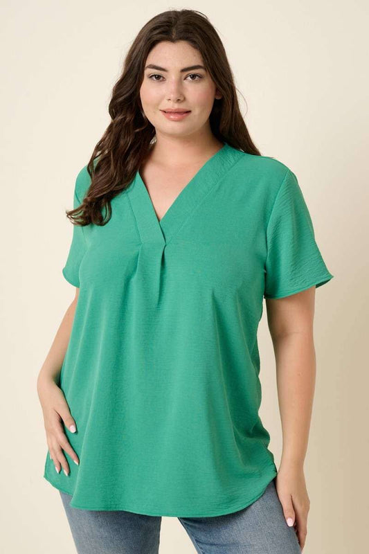 PLUS PARIS GREEN V NECK SHORT SLEEVE BLOUSE